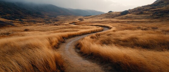 Winding dirt road through golden grass field