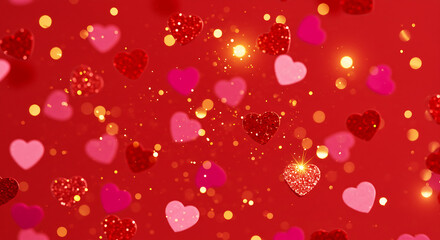 A visually appealing design with a red gradient, depicting hearts and glowing orbs, creating a celebratory and loving mood