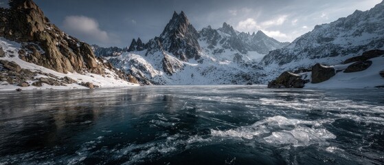 Frozen Lake and Majestic Winter Mountains