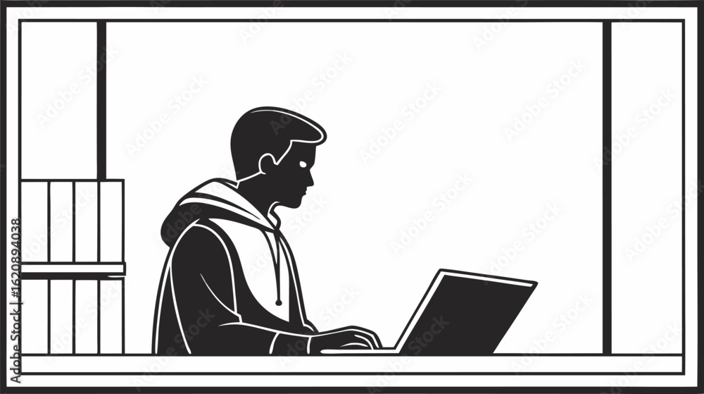 Poster a modern young professional focused on work using laptop computer inside a monochromatic design work