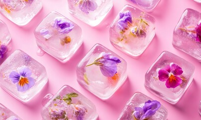 Frozen floral cubes with delicate purple blossoms nestled against bright pink background, presenting cool compositional design for summer aesthetic and seasonal visual concepts