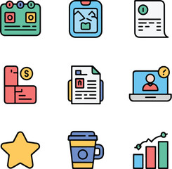 Nine colorful flat icons for business and lifestyle