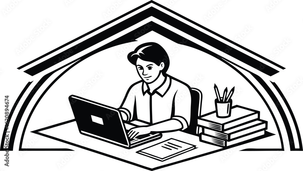 Poster man working from home using a laptop computer at a desk surrounded by books and stationary in a simp