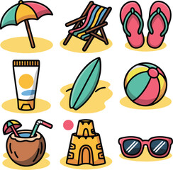 Beach vacation icons with colorful summer objects holiday