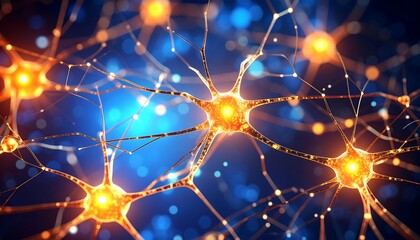 Abstract visualization of glowing interconnected neurons and synapses firing with bright orange and blue light