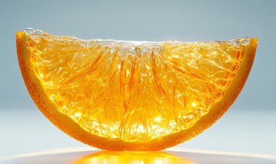 Backlit orange slice gleaming with vibrant juice, revealing pulpy texture against soft gradient backdrop, symbolizing fresh summer refreshment