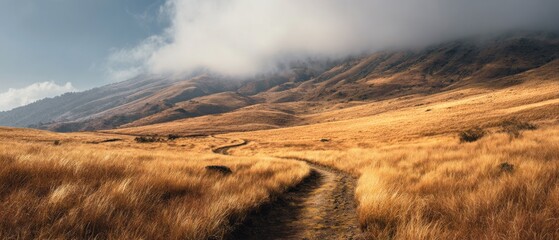Golden grassy field road to misty mountain