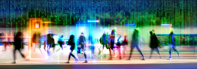 People's silhouettes walking with digital data information running on top of them 