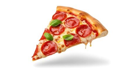 A slice of pepperoni pizza with basil leaves on a white background ready to be eaten and enjoyed now on transparent background