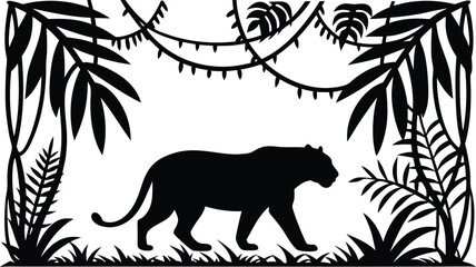 Obraz premium Silhouette of a panther walking through a lush tropical jungle scene with detailed leaves and vines in black and white