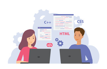 Web development. Programming languages. Programmers developing website, coding