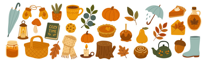 Cozy autumn clipart set with pumpkin pie, cinnamon bun, warm mug, candle, apple, scarf, boots, umbrella, book, pastry, foliage, seasonal decor, warm colors, flat illustrations, cute fall elements