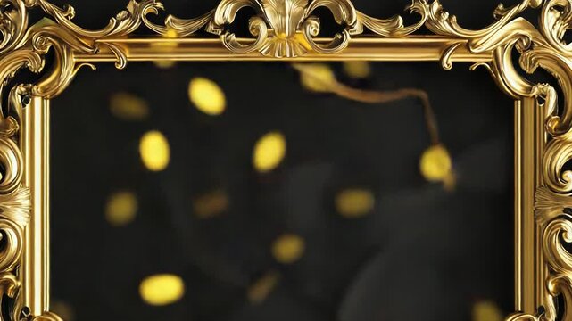 Golden ornate baroque frame on black background