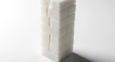 Stack of sugar cubes isolated on white background, forming a tower