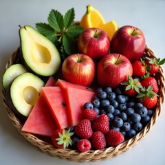 Fresh raw organic summer berries and exotic fruits in round wooden plate 