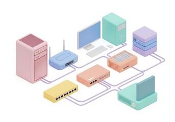 Obraz premium Premium isometric vector collection of gaming gear and computer equipment including keyboard, headphones, PC case and laptop