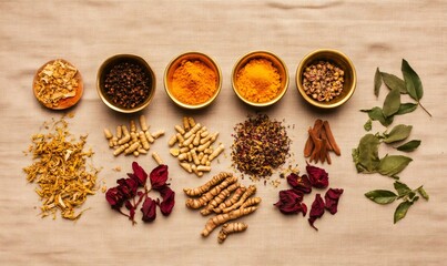 Fototapeta premium Aromatic spices scattered across neutral linen, golden bowls holding turmeric, peppercorn, cinnamon, dried flowers, curry leaves in rich textural display
