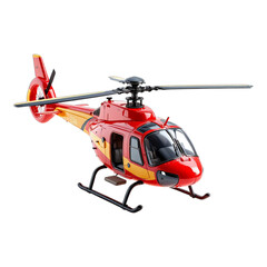 Red Helicopter: A detailed perspective view of a bright red helicopter, showcasing its complex machinery and design, ready for takeoff.