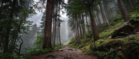 Misty forest path with lush green moss and trees