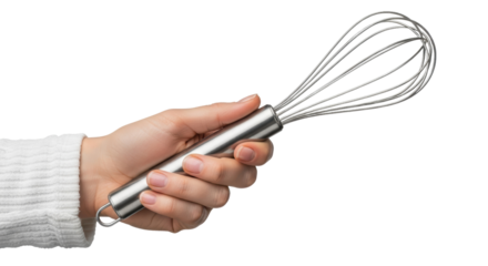 Hand Holding Stainless Steel Wire Whisk Isolated
