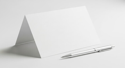 Blank white card with a silver pen isolated on white background