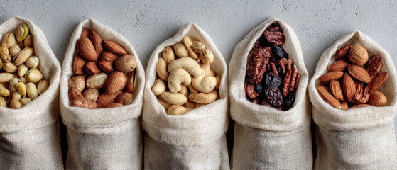 Assortment of Nuts and Dried Fruits in Small Cloth Bags