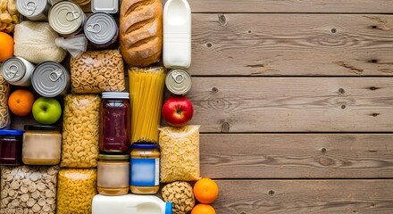 A collection of pantry staples and groceries arranged on a rustic wooden surface from above view on transparent background