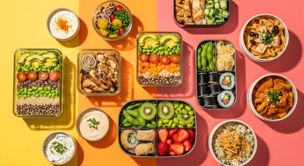 Overhead shot of various prepared meals in containers on a split colored yellow and pink background on transparent background