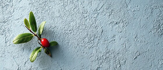 Single Red Berry on Blue Textured Background