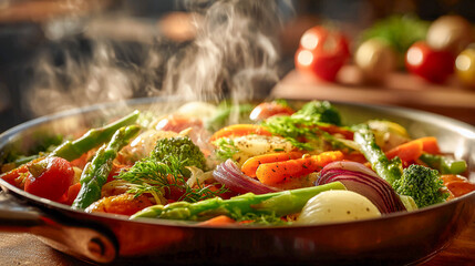 A pan full of steamed vegetables. Inside are broccoli, carrots, bell peppers, and tomatoes. The vegetables look fresh and vibrant, and there is steam coming from the pan