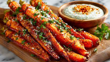 Fried potato sticks, seasoned with herbs and black pepper. They are placed on a wooden board and served with a sauce in a wooden bowl.
