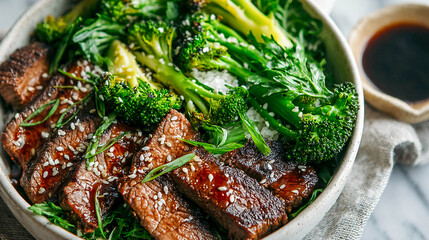 A dish of meat pieces generously coated with sauce and sprinkled with sesame seeds. The meat is placed on a bed of fresh green vegetables, including broccoli and various lettuce leaves.