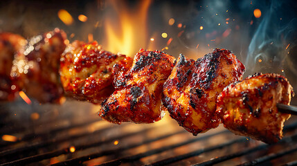 Pieces of meat skewered on a spit and grilled. The meat has an appetizing golden-brown crust. Grilling meat over an open fire.