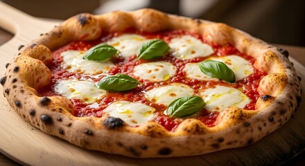 A close up shot of a neapolitan pizza with tomato sauce, mozzarella, and basil on a wooden board on transparent background