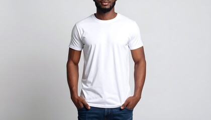Smiling black man wearing a plain white t shirt and blue jeans standing with hands in pockets