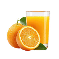 Fresh orange juice in glass, with whole and sliced oranges