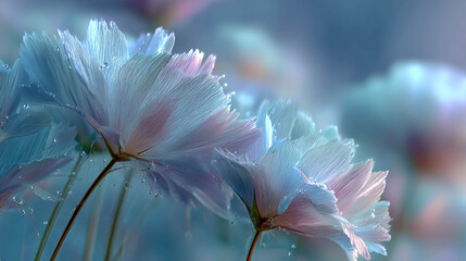 Beautiful flowers with translucent petals that shimmer in various shades of delicate pastel colors, including blue, pink, and purple.