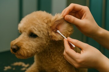 Close-up of dog ear cleaning with professional grooming tools in a salon perfect for pet care brands, vet clinics, hygiene campaigns, and International Dog Day.