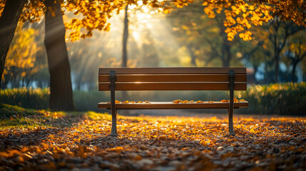 An autumn scene in a park. A wooden bench surrounded by fallen leaves. The leaves of the trees around the bench are colored in golden and orange shades. Sunlight shines through the trees.