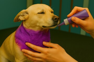 Close-up of vibrant fur dyeing in a professional pet grooming salon, highlighting safe formulas and creative styling for brand campaigns, veterinary clinics, and International Dog Day content.