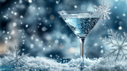A cocktail glass filled with a clear liquid with bubbles. The glass is decorated with an ice snowflake. A winter and festive atmosphere.