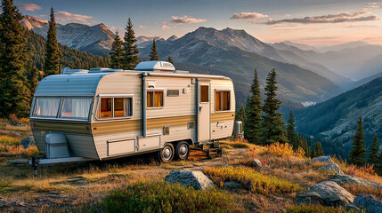 A mobile home located in a picturesque mountain area. It stands on the edge of a slope overlooking a valley surrounded by high mountains.