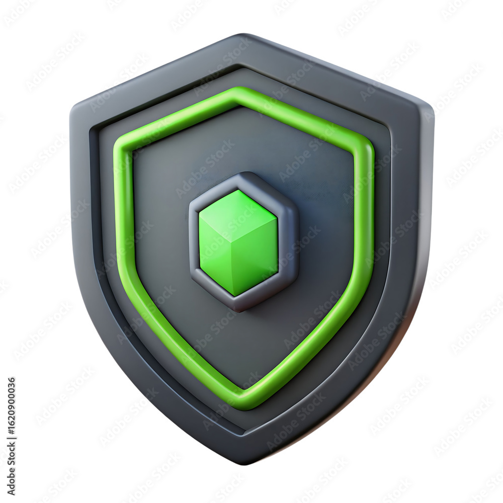Poster 3d icon of green and gray shield isolated on transparent background for game asset design
