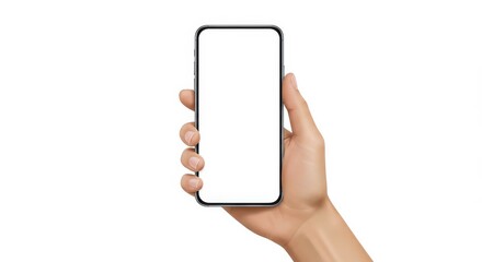 Hand holding a smartphone with blank screen isolated on white background