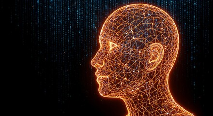 Digital brain concept with a glowing wireframe mesh and a backdrop of falling binary code, symbolizing technology.