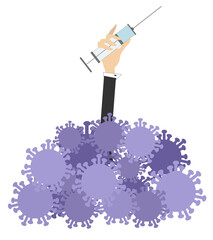 Health. Hand with a syringe. Protection from infection.
Hand with a big syringe arising from a pile of viruses
