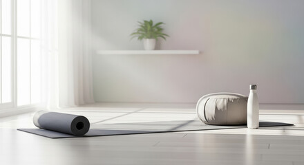Minimalist yoga and meditation space with mat, pillow, and water bottle