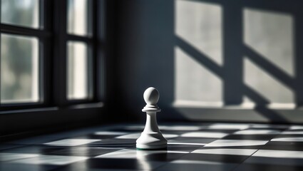 Solitary White Chess Pawn on a Checkered Board with Window Shadows

