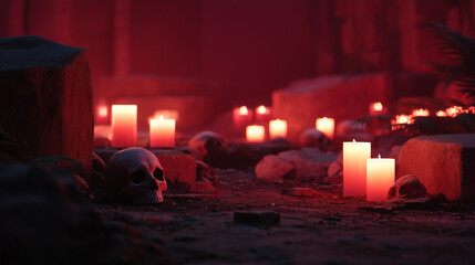 Mysterious Candlelit Skull Scene in Dark Red Forest Setting 