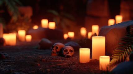 candles and skulls in a dimly lit forest setting 